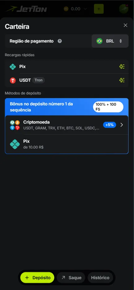 Carteira da Jetton com PIX, criptomoeda e bônus do primeiro depósito