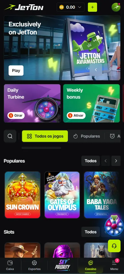 Lobby da Jetton no celular com saldo em reais e menu inferior em português